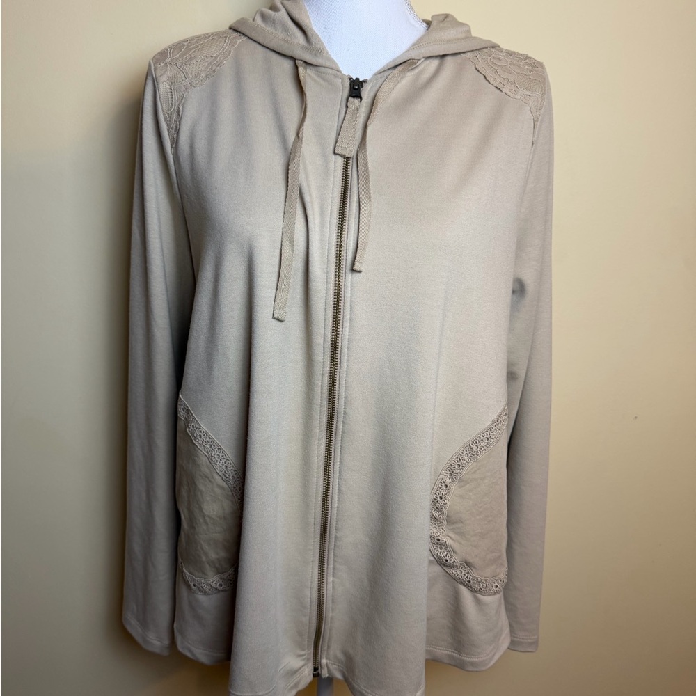 LOGO Lori Goldstein Hooded Zip-Up Medium Beige Jacket - Picture 2 of 11